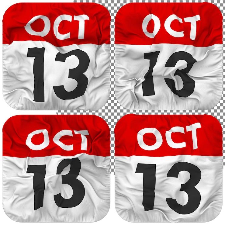 PSD tredicesima data del 13 ottobre icona del calendario isolata quattro rendering 3d di texture bump in stile ondulato