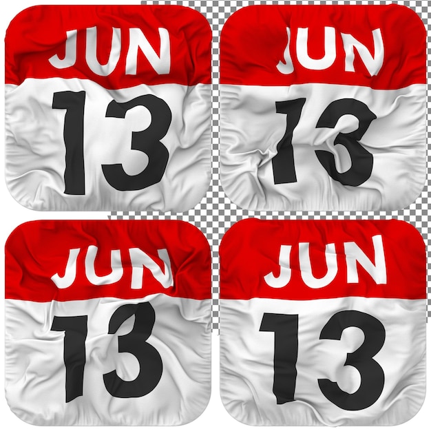 Treizième 13 juin Icône de calendrier de date isolée Quatre Style de ondulation Texture de bosse Rendu 3D