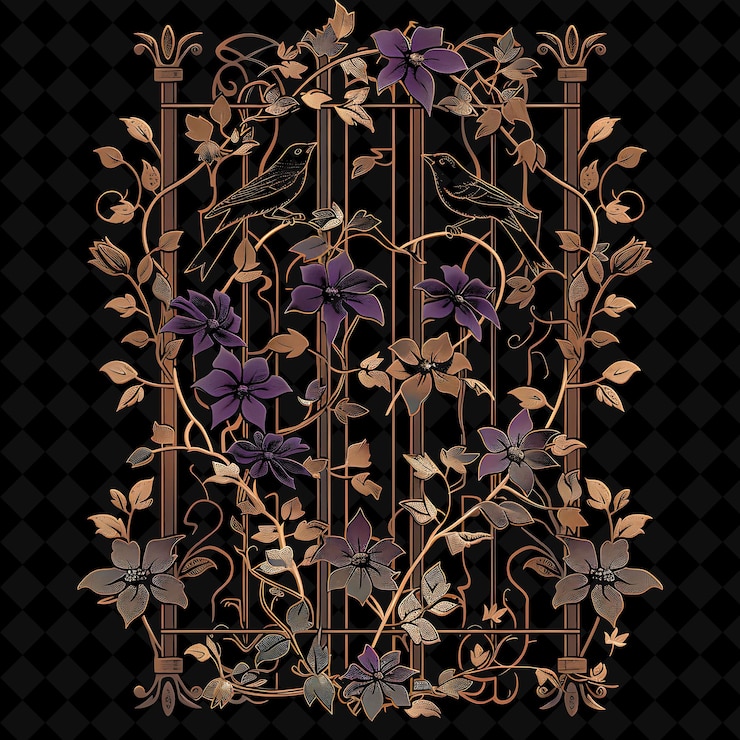 PSD trellis de niveles hechos de sequoias adornados con clematis y diseño decorativo natural de contorno s