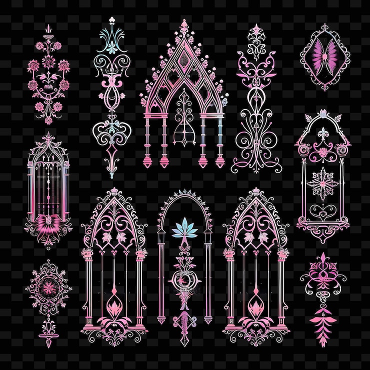 PSD trellises inspirados en la época victoriana arte de píxeles con detalles intrincados textura creativa diseños de artículos de neón y2k