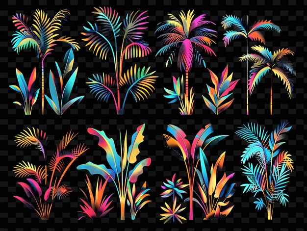 Trellises inspirados en los trópicos Arte de píxeles con hojas de palma usando texturas creativas Diseños de artículos de neón Y2K