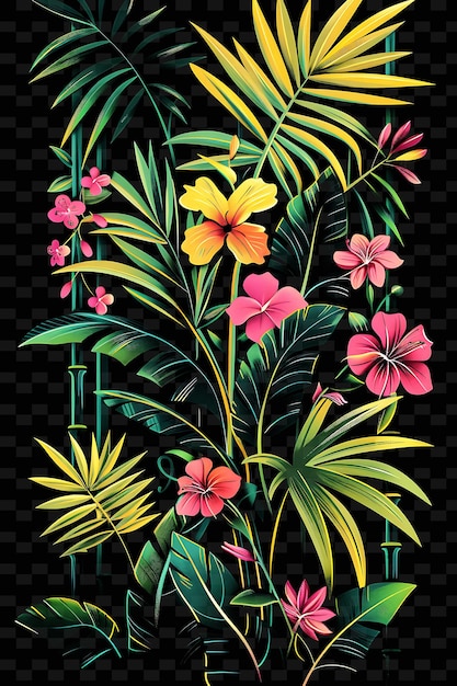 PSD trellises temáticos tropicales arte de píxeles con hojas de palma y textura creativa exo diseños de artículos de neón y2k
