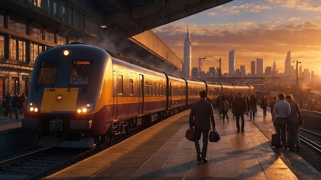 PSD trem chegando à estação contra um pôr-do-sol trem da cidade futurista papel de parede de trem