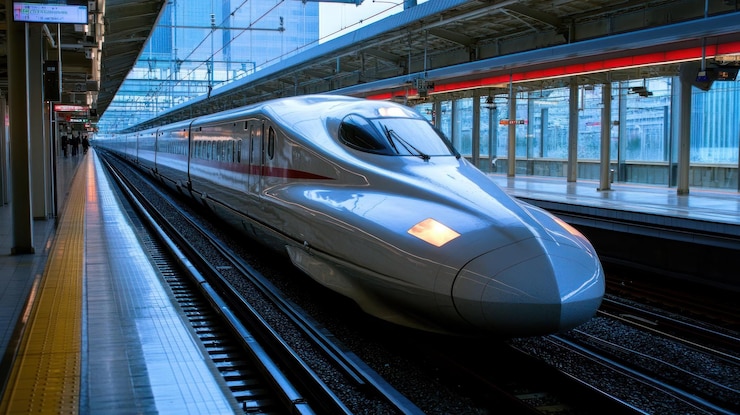 PSD tren de alta velocidad en una estación de tren moderna