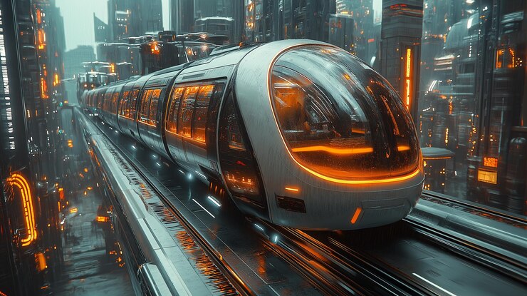 PSD un tren de aspecto futurista con un letrero de neón que dice "metro"
