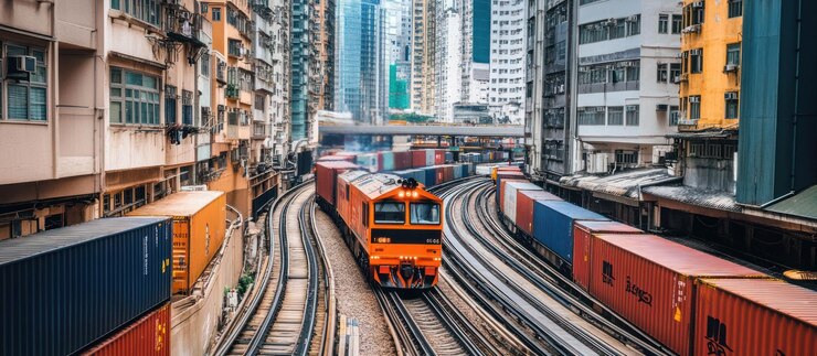 PSD tren de carga naranja que pasa por una ciudad