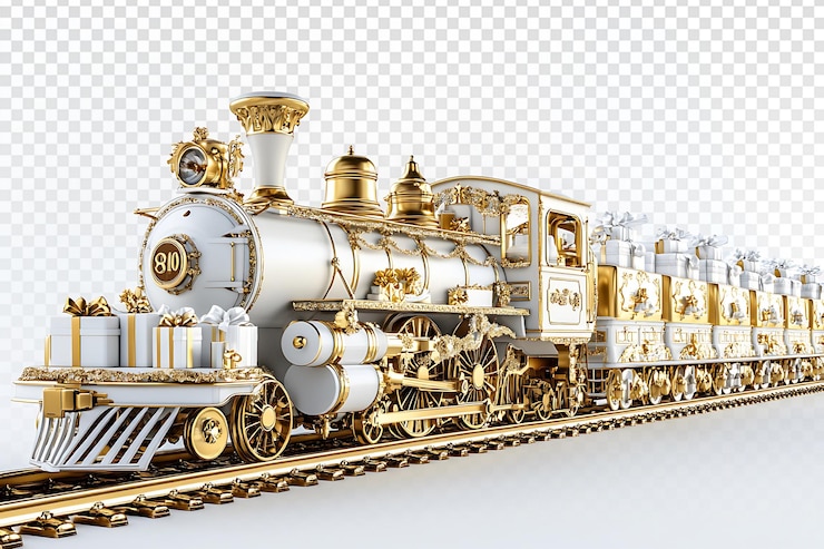 PSD tren elegante con detalles dorados y carruajes de regalos festivos