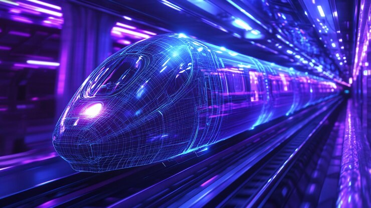 PSD un tren futurista de alta velocidad atraviesa un túnel iluminado con neón