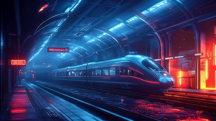 PSD tren futurista de alta velocidad en una plataforma de estación iluminada con neón dentro de un túnel futurista