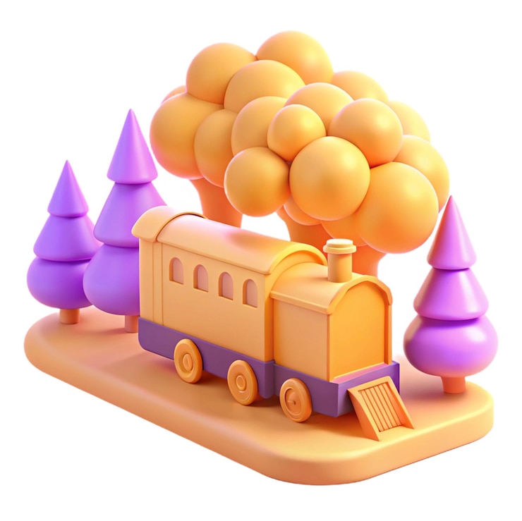 PSD un tren de juguete con un tren de naranjas y un tren púrpura con un árbol en la parte superior