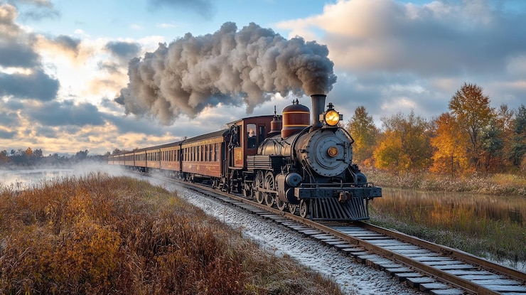 PSD un tren de locomotora de vapor se arrastra a lo largo de una vía ferroviaria en un paisaje escénico de otoño con el sol de la mañana brillando a través de las nubes