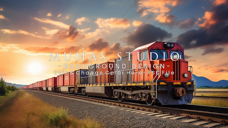 PSD el tren de mercancías al atardecer