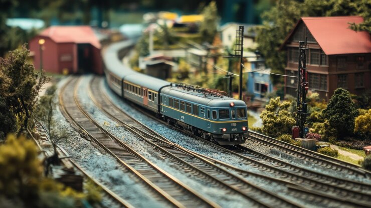 PSD un tren modelo navegando por un paisaje pintoresco en miniatura
