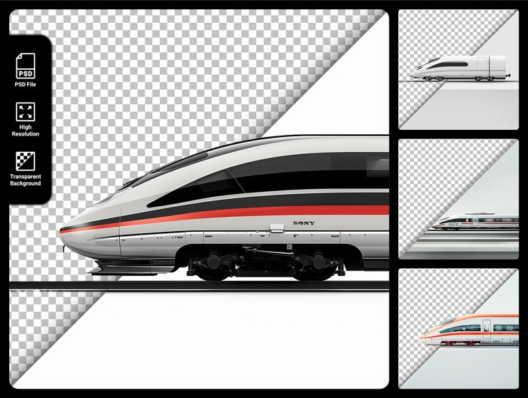 PSD tren moderno de alta velocidad en perfil aislado en un fondo transparente