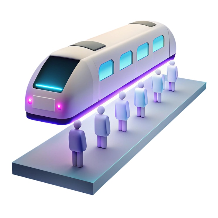 PSD un tren con personas de pie en la plataforma y la palabra "gente" en él