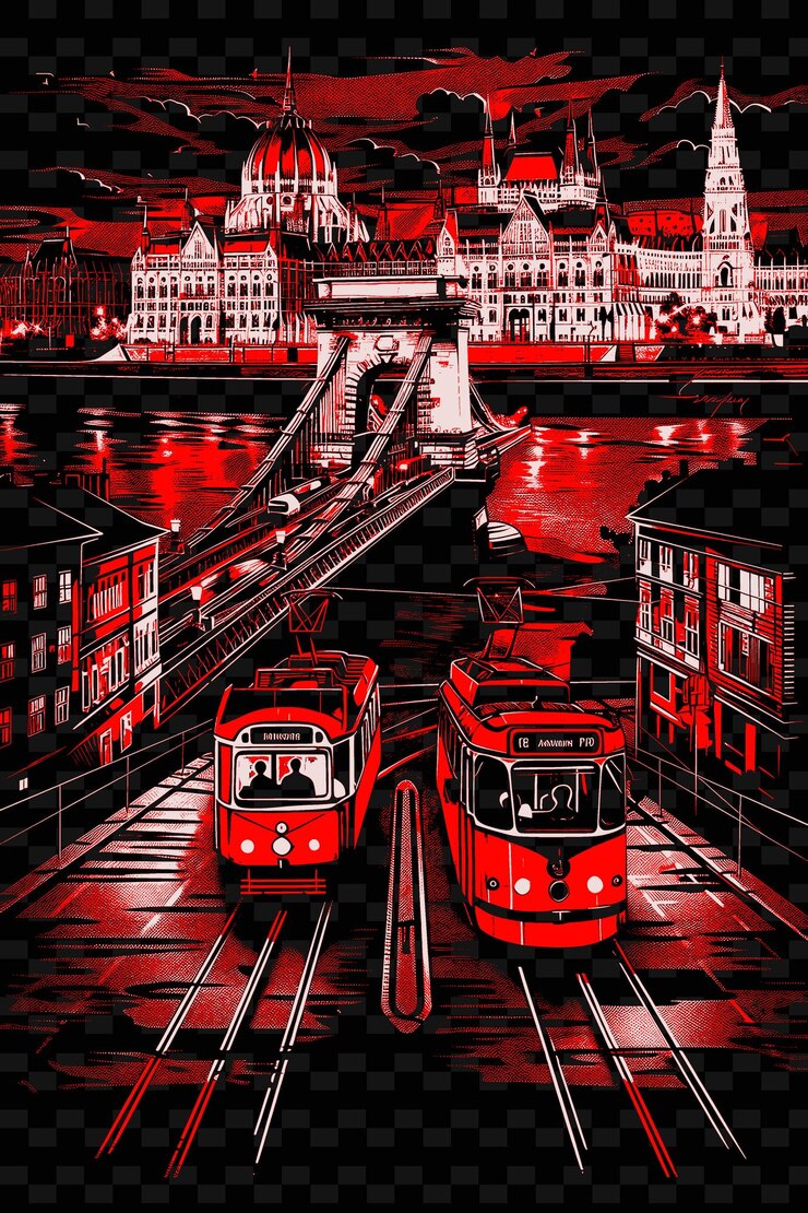 PSD un tren rojo está bajando las vías delante de una ciudad