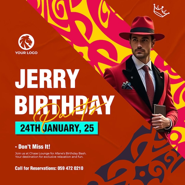 Trendy birthday party social media post and flyer template with bold text amp modern design for even