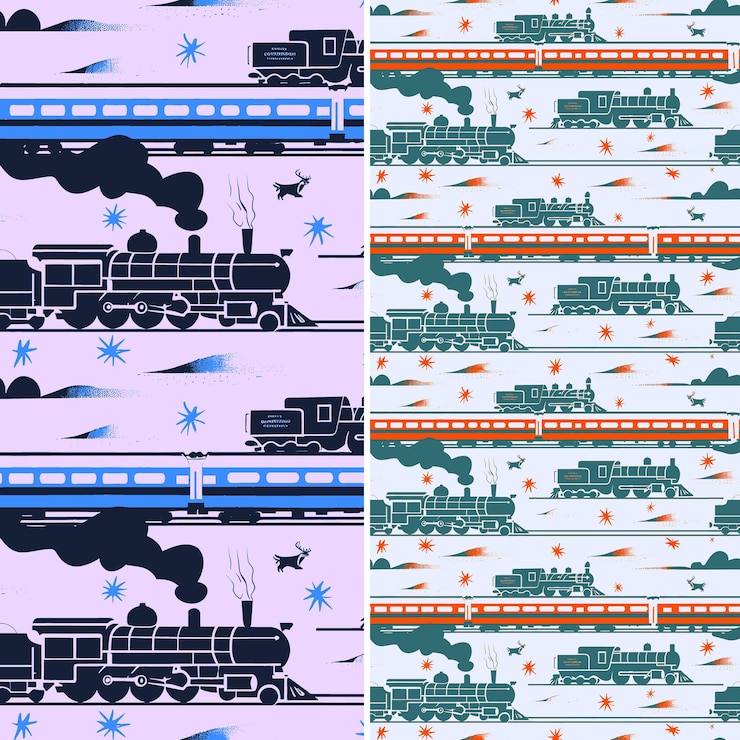 PSD trenes de invierno nostálgicos con siluetas de vapor y diseños vectoriales de ilustraciones d vintage