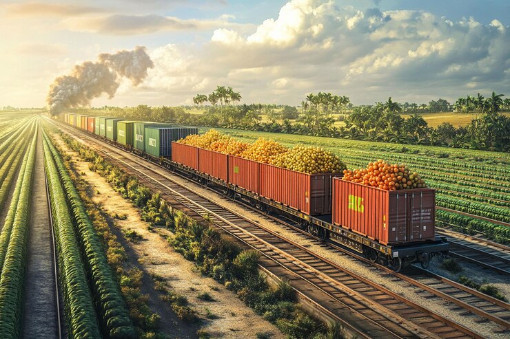 PSD treno merci che trasporta arance e altri prodotti attraverso campi agricoli al tramonto