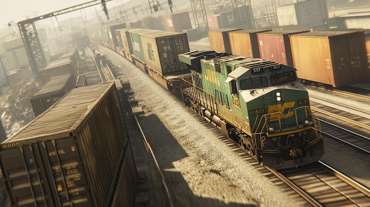 PSD treno merci con container di merci in un vivace porto industriale visto da una prospettiva aerea