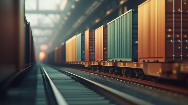 PSD treno merci con container di merci su binari ferroviari in ambiente industriale