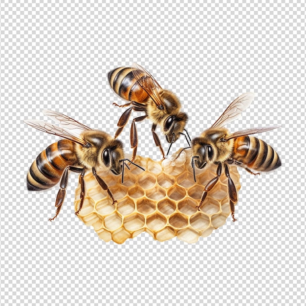 PSD três abelhas e um favo de mel isolados sobre um fundo branco transparente