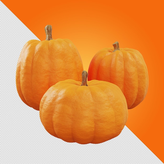 Três abóboras laranja em fundo transparente Abóboras grandes e pequenas Abóboras de Halloween Humor de outono Vegetais naturais de fazenda Isolar ícone de abóbora ilustração 3d renderização em 3d