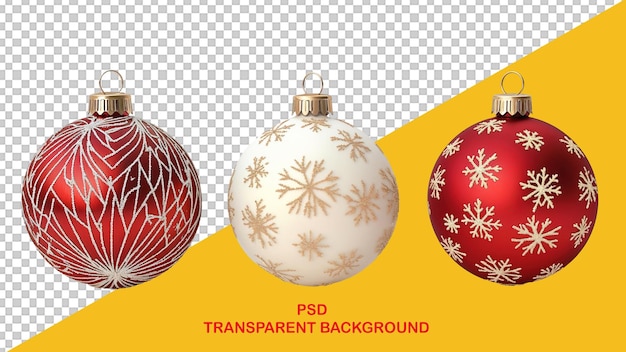Tres adornos navideños rojos y blancos se muestran sobre un fondo amarillo