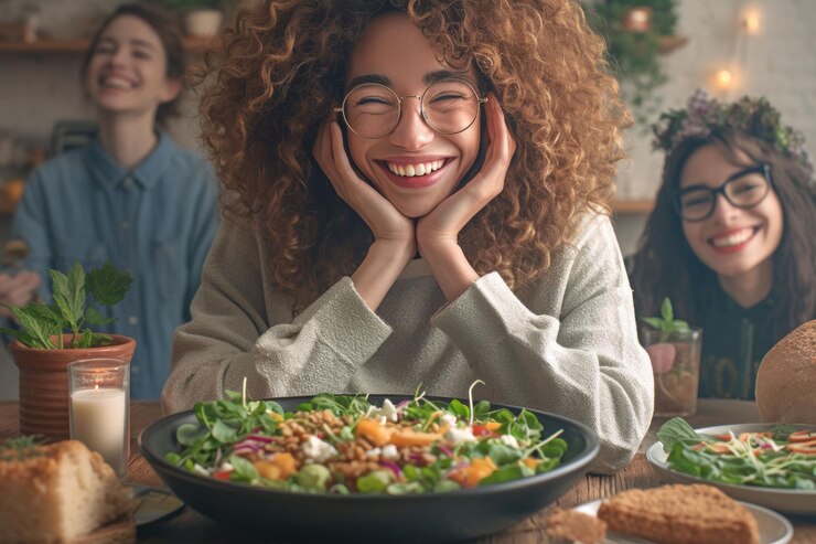 PSD três amigos sorrindo e rindo em uma mesa com salada