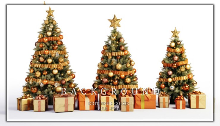 PSD tres árboles de navidad decorados con regalos