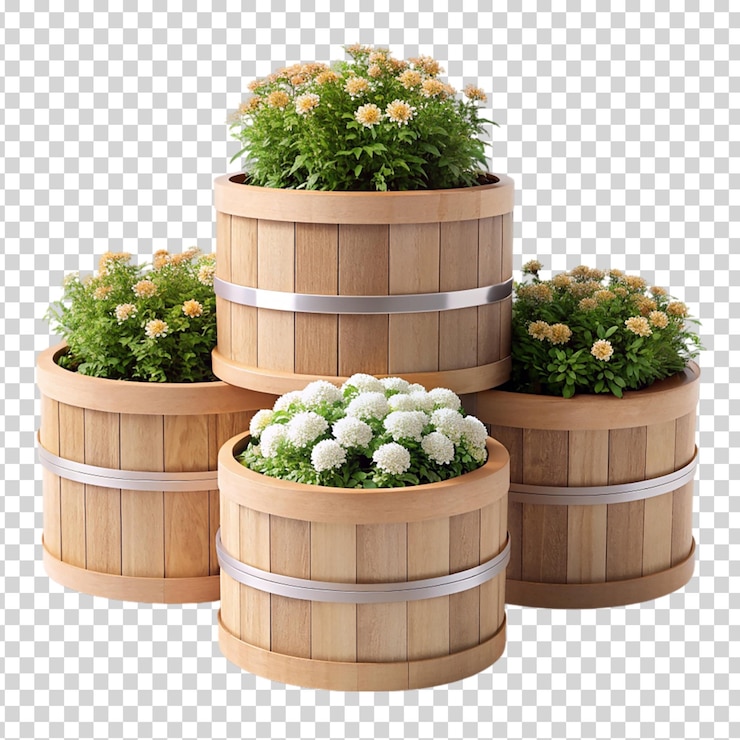 PSD tres barriles de madera con flores en ellos sobre un fondo transparente