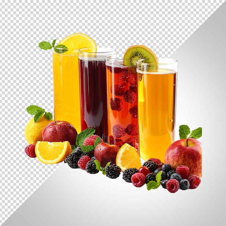 PSD tres bebidas diferentes con bayas y un cartón de frutas