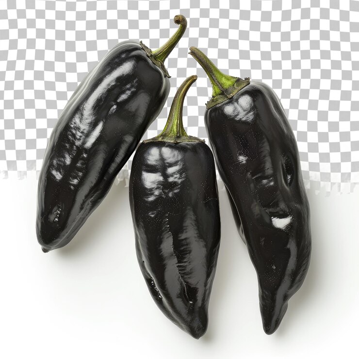 PSD tres berenjenas negras con pimientos verdes en un fondo a cuadros