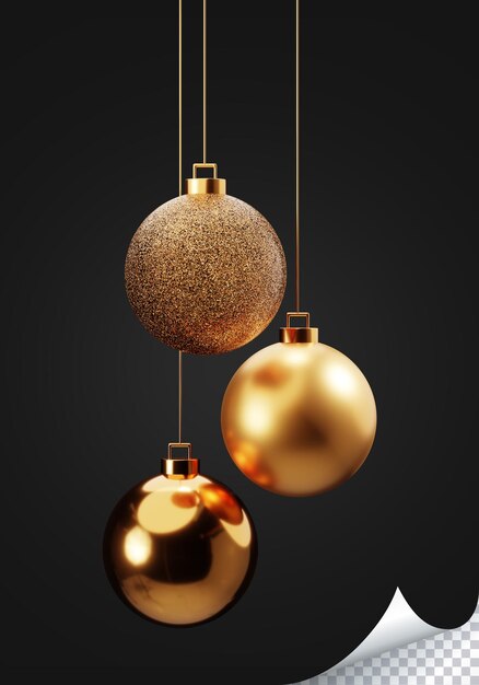 Tres bolas doradas de navidad 3d que representan elementos festivos de navidad para el diseño de decoración navideña