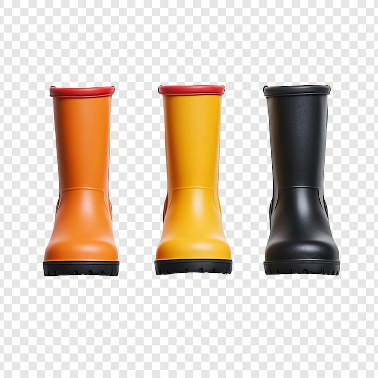 PSD tres botas de goma de colores naranja amarillo y negro contra un fondo transparente perfectas para los días de lluvia