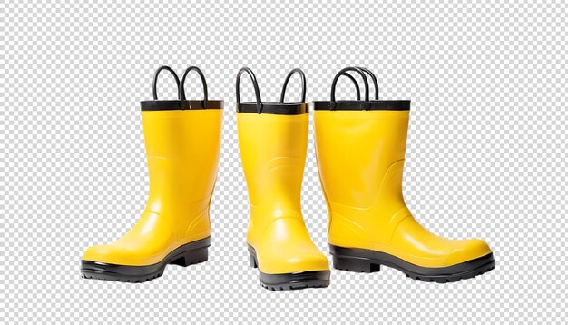 Tres botas de lluvia amarillas aisladas en un fondo transparente