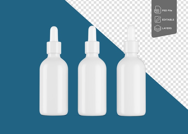 Tres botellas blancas de aceite cosmético aisladas sobre un fondo azul Ilustración en 3D