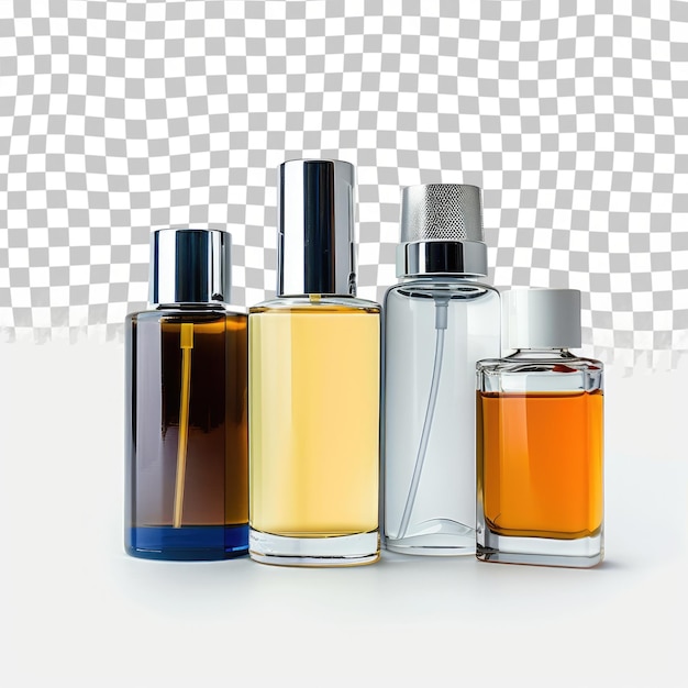 PSD tres botellas diferentes de perfume están alineadas en una mesa