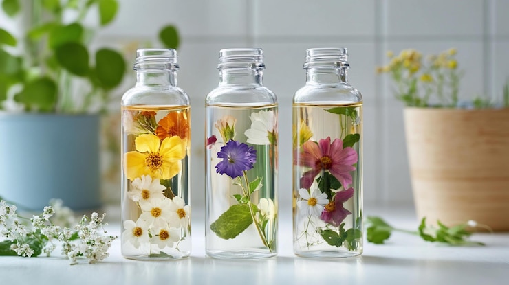 PSD tres botellas de vidrio llenas de infusión de aceites florales y hierbas