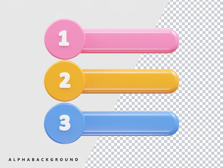 PSD três botões coloridos com o texto "1, 3" na parte inferior.