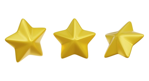 Tres brillantes estrellas doradas en 3D