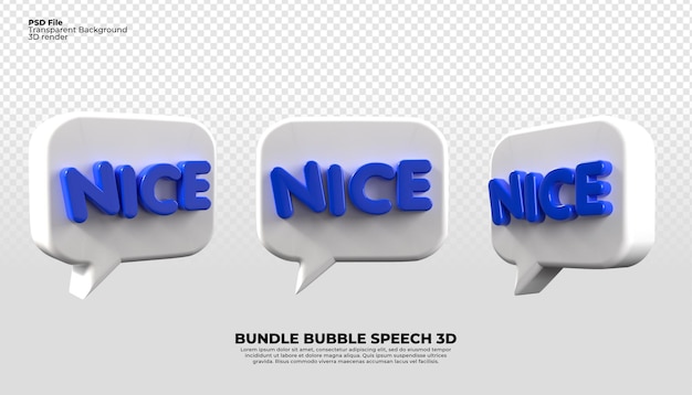 Tres burbujas de habla con las palabras agradable y agradable en letras azules.