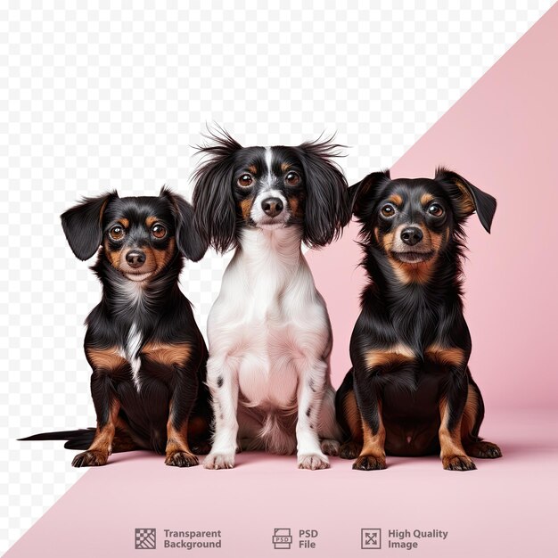 PSD três cães estão sentados em frente a um fundo rosa.