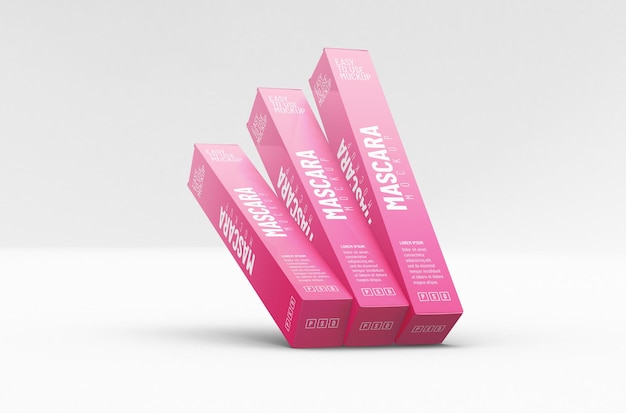 Tres cajas de papel para plantilla de empaque de tubo de rímel para maqueta de diseño de producto Fondo limpio