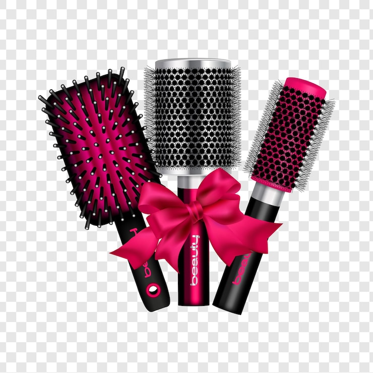 PSD tres cepillos de cabello elegante con un lazo rosa perfecto para el peinado y la belleza aislados en transpare
