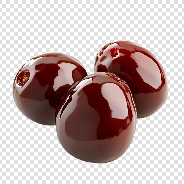 PSD tres cerezas rojas oscuras brillantes tomadas de cerca