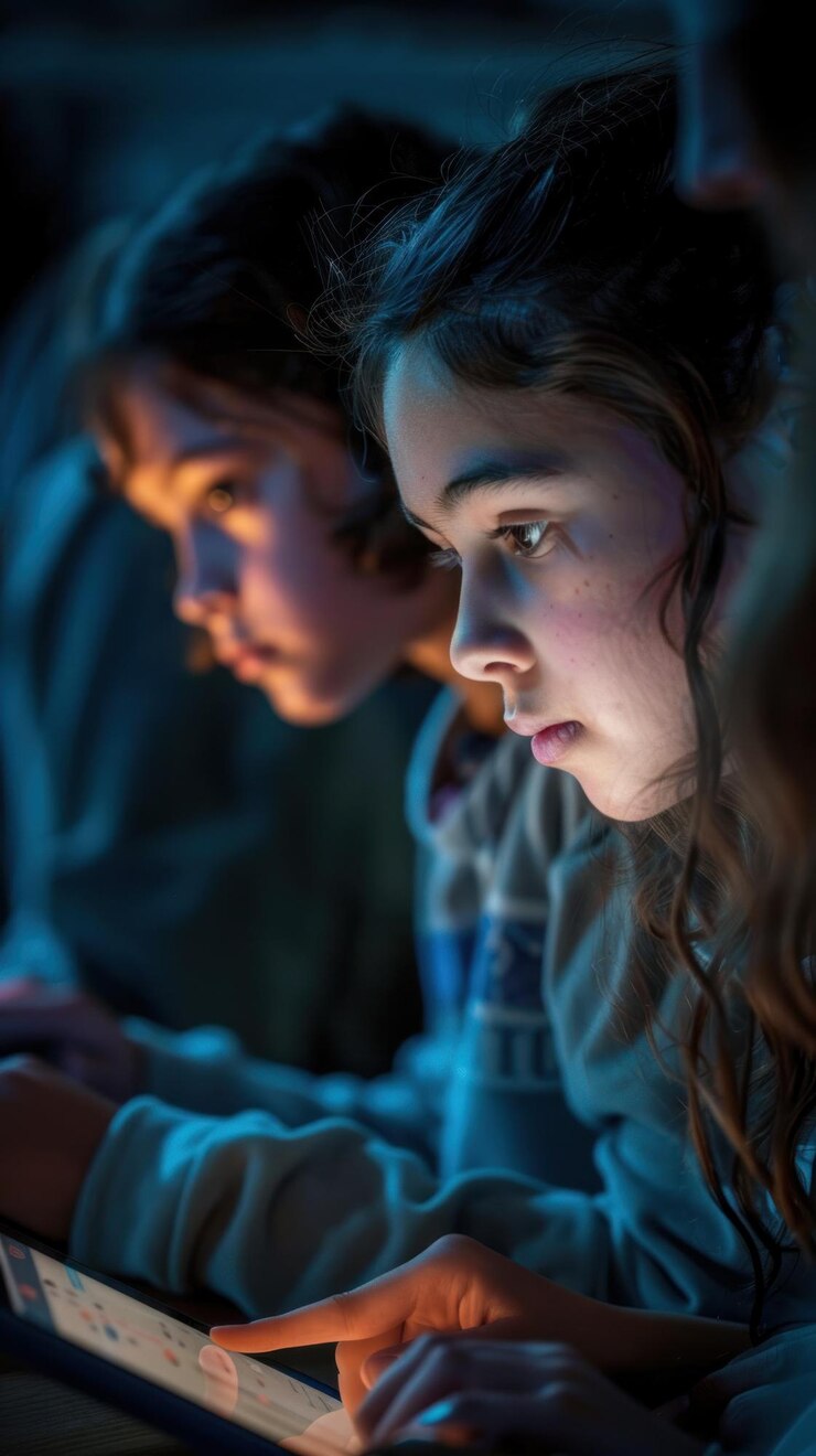 PSD tres chicas usando una tableta con poca luz