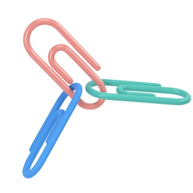 PSD tres clips 3d icon school herramienta volumétrica para papel y documentos azul rosa y verde resistente
