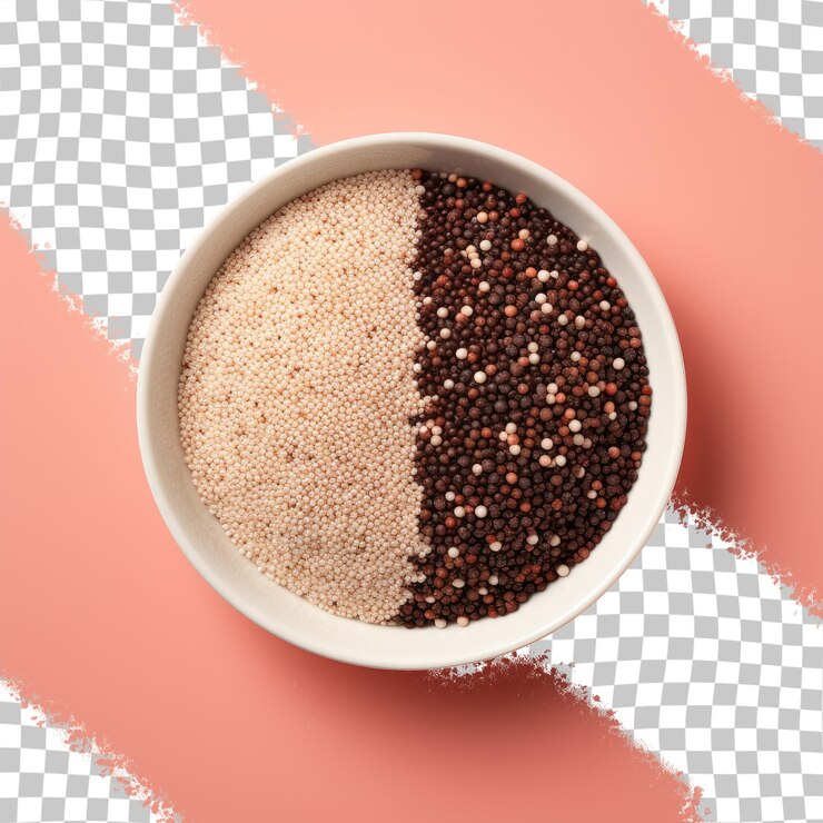 PSD tres colores de quinua en un recipiente sobre un fondo transparente considerado un superalimento