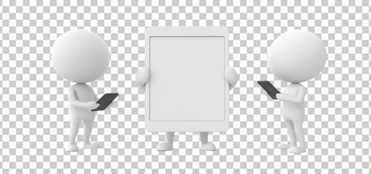 PSD tres conjuntos de caracteres 3d que muestran una tableta en blanco aislada con fondo transparente